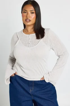 boohoo Haut Henley Grande Taille À Double Épaisseur Transparente<Femme Tops