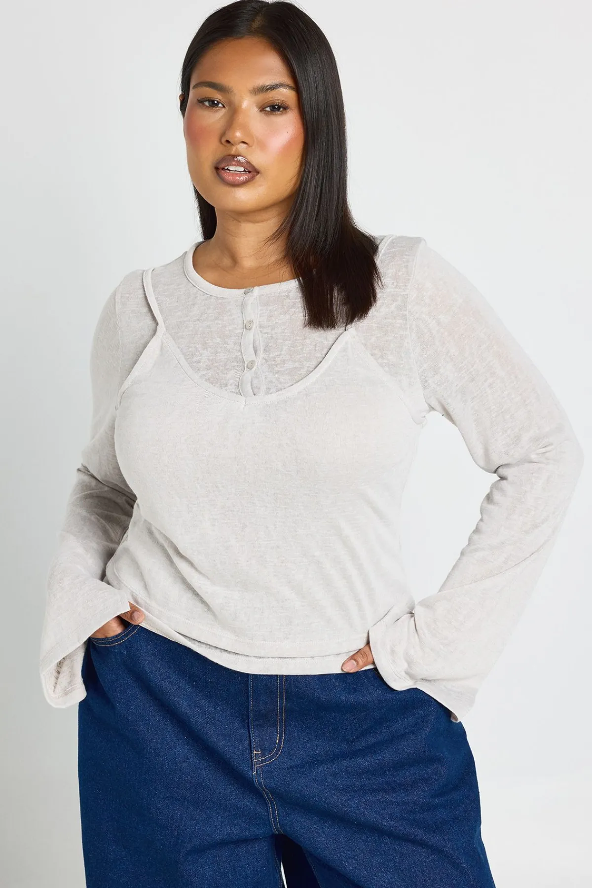 boohoo Haut Henley Grande Taille À Double Épaisseur Transparente<Femme Tops