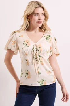 Haut à Imprimé Floral avec Nœud Devant et Manches Bouffantes Boutonnées