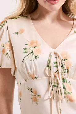 Haut à Imprimé Floral avec Nœud Devant et Manches Bouffantes Boutonnées