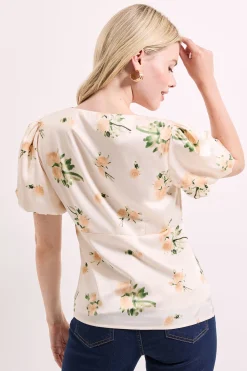 Haut à Imprimé Floral avec Nœud Devant et Manches Bouffantes Boutonnées