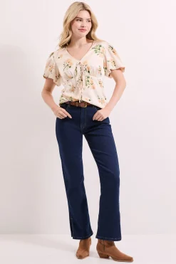 Haut à Imprimé Floral avec Nœud Devant et Manches Bouffantes Boutonnées