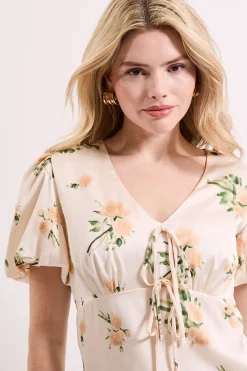 Haut à Imprimé Floral avec Nœud Devant et Manches Bouffantes Boutonnées