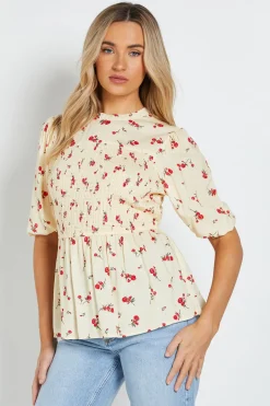 Dorothy Perkins Haut Jaune à Imprimé Fleuri avec Col Montant et Buste Froncé<Femme Tops