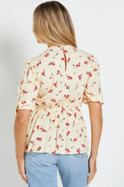 Dorothy Perkins Haut Jaune à Imprimé Fleuri avec Col Montant et Buste Froncé<Femme Tops