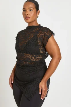 boohoo Haut Long Asymétrique En Dentelle Transparente<Femme Satin Et Dentelle|Tops