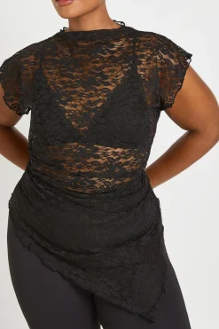 boohoo Haut Long Asymétrique En Dentelle Transparente<Femme Satin Et Dentelle|Tops