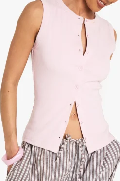 Haut long en tricot côtelé à boutons sur le devant