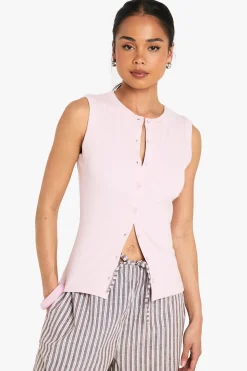 Haut long en tricot côtelé à boutons sur le devant