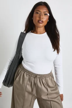 Haut longline ajusté à manches longues en maille côtelée Plus Basic