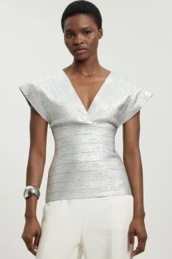 KarenMillen Haut À Manches Ailes D'ange Et Bandes Sculptantes Effet Métallisé<Femme Pulls Et Gilets|Toutes Les Mailles