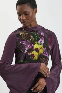Haut À Manches Amples Et Imprimé Orchidée Placé