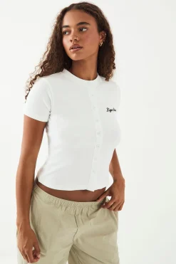 Haut à Manches Courtes Côtelé Boutonné avec Broderie Script DSGN Studio
