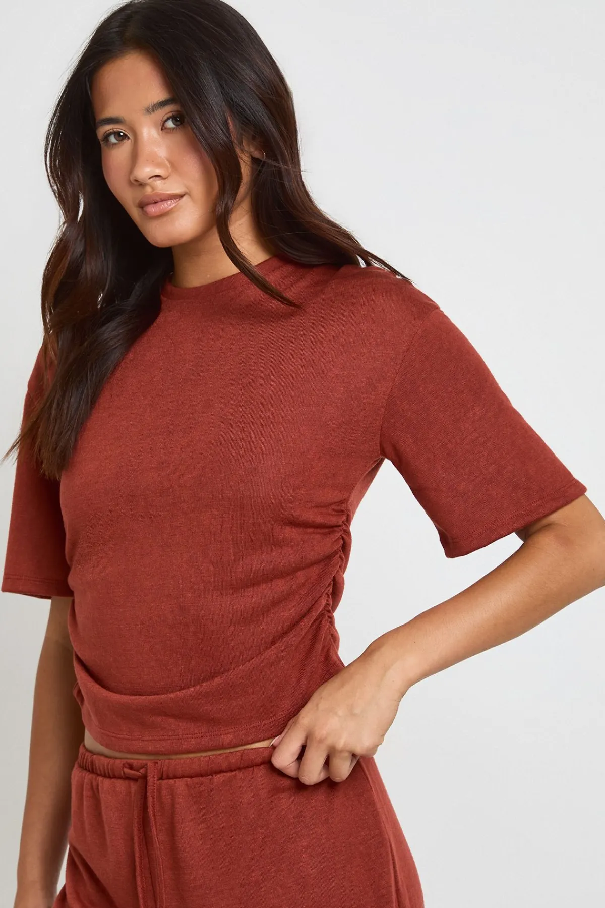 boohoo Haut À Manches Courtes En Slub Avec Taille Cintrée<Femme Tops