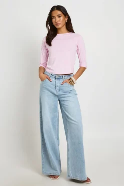Haut À Manches 3/4 Et Ourlet Arrondi En Tissu Slub
