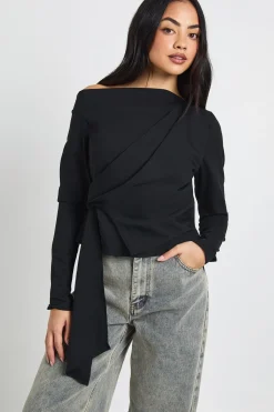 boohoo Haut à Manches Longues avec Détail Drapé au Col Asymétrique<Femme Tops