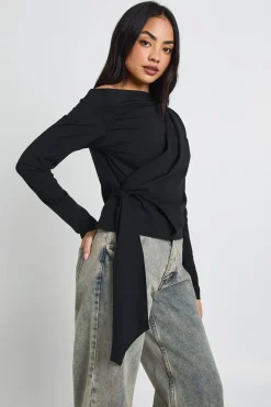 boohoo Haut à Manches Longues avec Détail Drapé au Col Asymétrique<Femme Tops