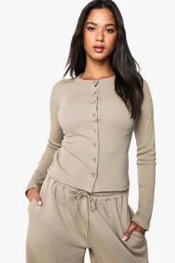 boohoo Haut à manches longues à boutons en côtes et survêtement jogger<Femme Survêtements|Survêtements