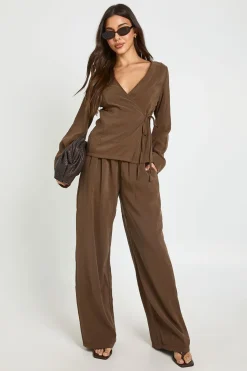 boohoo Haut À Manches Longues Cache-cœur Avec Ceinture À Nouer À La Taille<Femme Tops