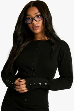 boohoo Haut à manches longues cintré à la taille en jersey côtelé<Femme Tops