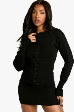boohoo Haut à manches longues cintré à la taille en jersey côtelé<Femme Tops