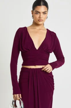 boohoo Haut à Manches Longues Double Épaisseur Slinky Décolleté Plongeant Froncé<Femme Tops