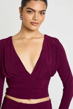 boohoo Haut à Manches Longues Double Épaisseur Slinky Décolleté Plongeant Froncé<Femme Tops