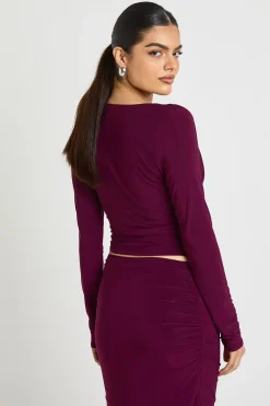 boohoo Haut à Manches Longues Double Épaisseur Slinky Décolleté Plongeant Froncé<Femme Tops