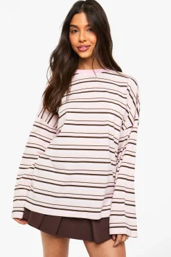 boohoo Haut à manches longues en coton rayé avec poche à l'avant<Femme Tops D’Automne|Looks De Rentrée