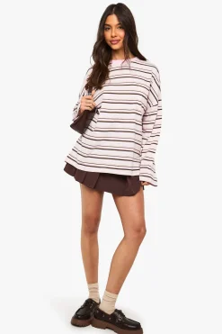 boohoo Haut à manches longues en coton rayé avec poche à l'avant<Femme Tops D’Automne|Looks De Rentrée