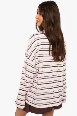 boohoo Haut à manches longues en coton rayé avec poche à l'avant<Femme Tops D’Automne|Looks De Rentrée