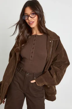 boohoo Haut à manches longues en coton Henley avec boutons sur le devant<Femme Looks Chocolat|Tops D’Automne