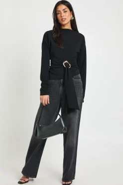 boohoo Haut À Manches Longues En Crêpe Avec Encolure Montante, Ceinture À Détails Dorés<Femme Tops
