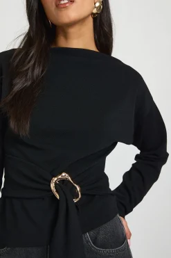 boohoo Haut À Manches Longues En Crêpe Avec Encolure Montante, Ceinture À Détails Dorés<Femme Tops