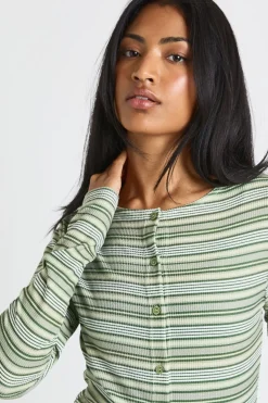 boohoo Haut à manches longues en côte rayée avec boutons traversants<Femme Tops D’Automne|Tops