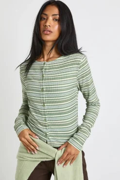 boohoo Haut à manches longues en côte rayée avec boutons traversants<Femme Tops D’Automne|Tops