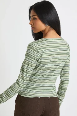 boohoo Haut à manches longues en côte rayée avec boutons traversants<Femme Tops D’Automne|Tops