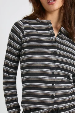 boohoo Haut à manches longues en côtes à rayures avec boutons traversants<Femme Tops D’Automne|Looks De Rentrée