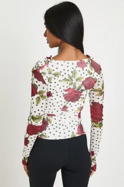 Haut À Manches Longues En Mesh À Col Bénitier Imprimé Roses Et Pois