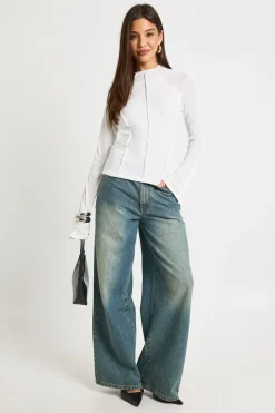 Haut à manches longues en mesh texturé à double couche, détail de couture apparente