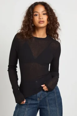 boohoo Haut à manches longues en mesh texturé à côtes<Femme Tops