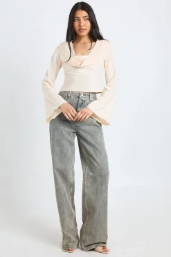 boohoo Haut À Manches Longues En Satin Avec Col Bénitier Pour Grandes Tailles<Femme Satin Et Dentelle|Tops