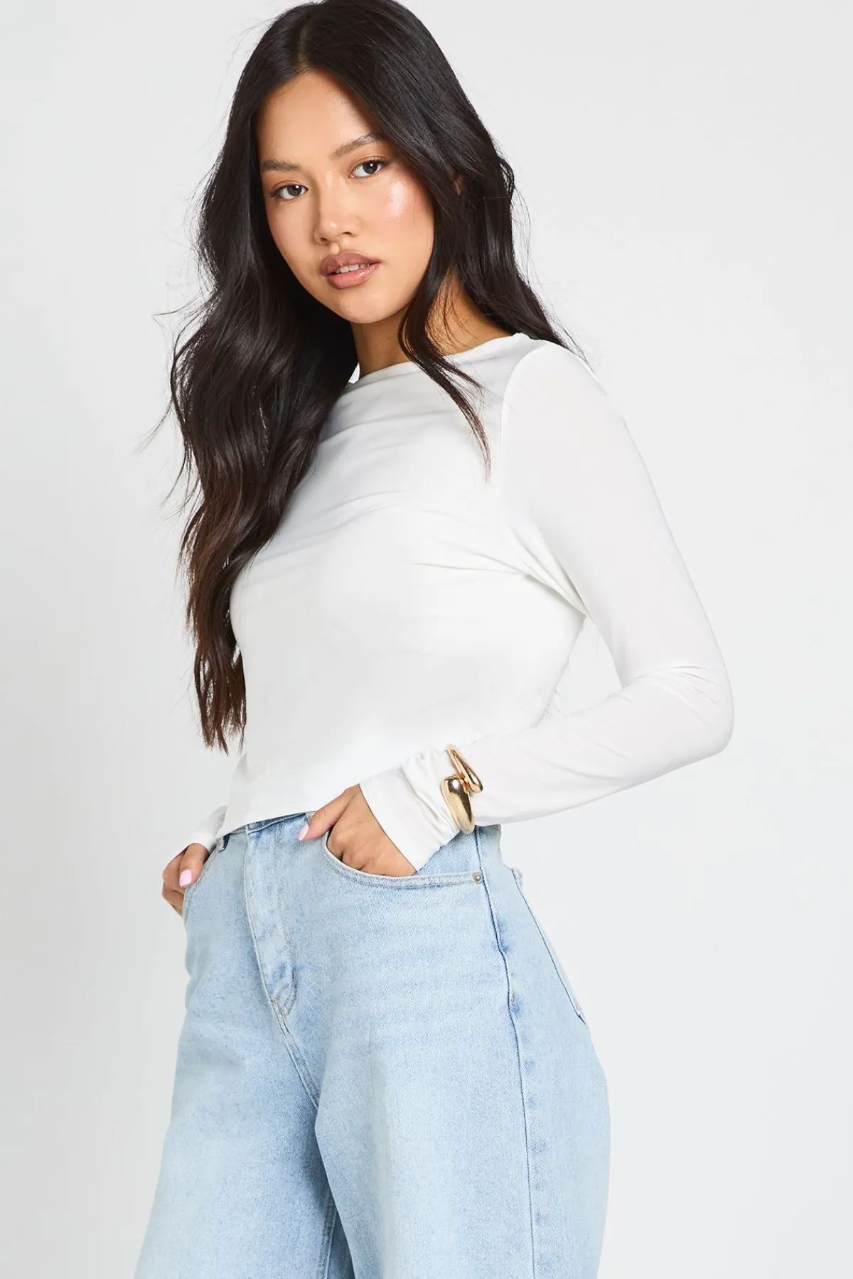 boohoo Haut À Manches Longues En Tissu Fluide Double Couche Petite<Femme Tops