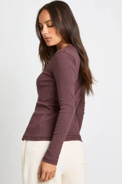 boohoo Haut à manches longues en tissu côtelé avec boutons traversants<Femme Looks Chocolat|Tops D’Automne