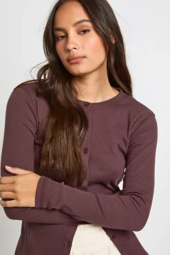 boohoo Haut à manches longues en tissu côtelé avec boutons traversants<Femme Looks Chocolat|Tops D’Automne