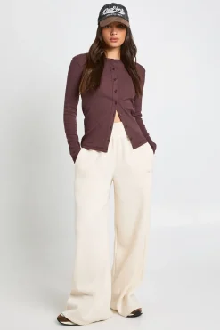 boohoo Haut à manches longues en tissu côtelé avec boutons traversants<Femme Looks Chocolat|Tops D’Automne
