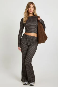 Haut à manches longues super doux à rayures & revers replié évasé