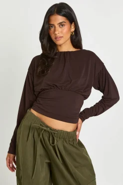 boohoo Haut À Manches Longues Texturé Froncé Avec Dos Échancré<Femme Tops