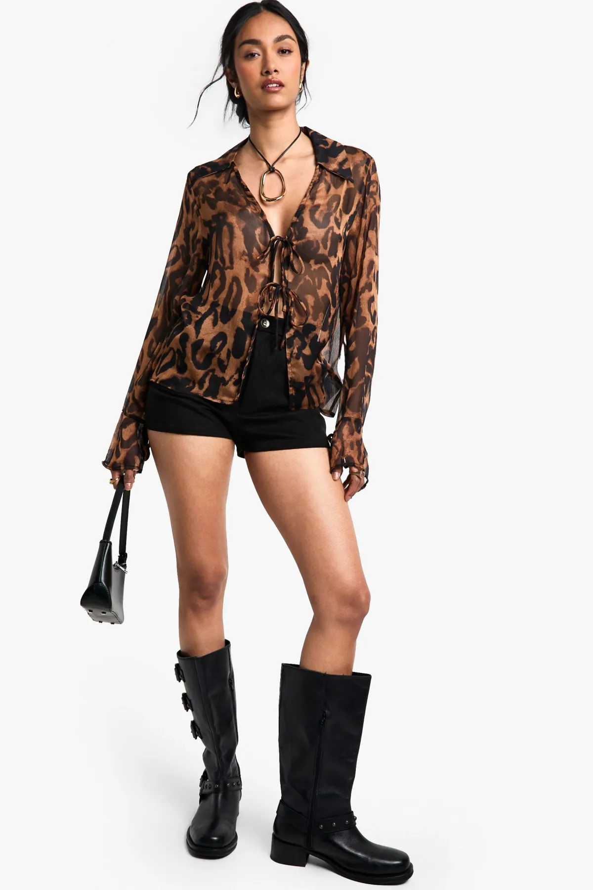 boohoo Haut à manches longues tissé à imprimé léopard avec col et détail noué sur le devant<Femme Imprimé Léopard|Tops