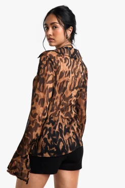 boohoo Haut à manches longues tissé à imprimé léopard avec col et détail noué sur le devant<Femme Imprimé Léopard|Tops